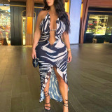 Printed Sexy Wrapped Chest Hanging Neck Wrapped Hip Split Long Casual Style Dress