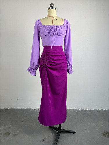 Square necked flared sleeve short top with split half skirt