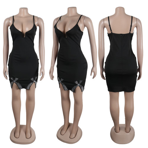 Hot Diamond Bow Split Elastic Wrap Hip Strap Dress