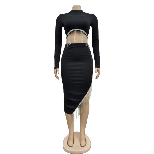 Women's solid color long sleeved leaky navel dress two-piece set