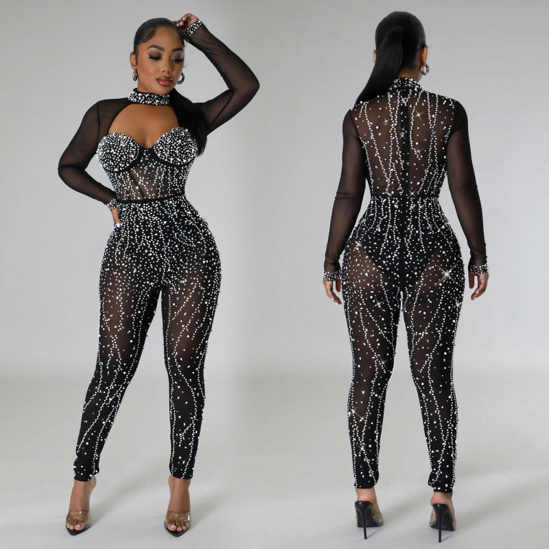 Women's solid color mesh hot diamond long sleeved pants jumpsuit