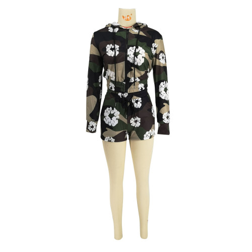 Trendy printed shorts long sleeved hooded drawstring set