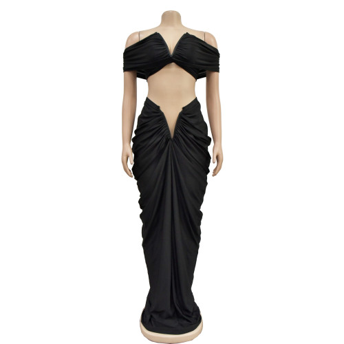 Women's solid color sexy strapless pleated skirt two-piece set
