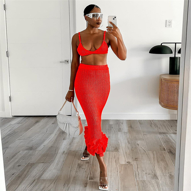 Sexy Hollow Knitted Tank Top High Waist Wrap Hip Long Dress Set