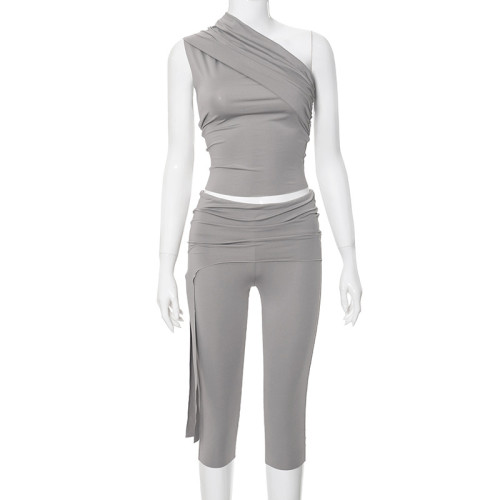 Diagonal collar splicing exposed navel pleated foldable cropped pants set