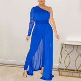 Solid Color Sexy Mesh Perspective One Shoulder jumpsuit