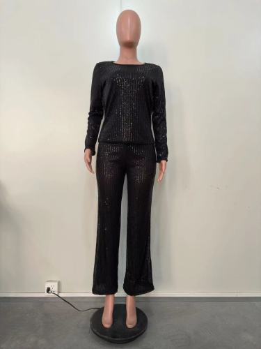 Two piece set of sequin solid color long sleeved pants
