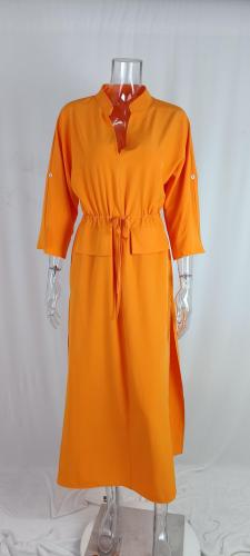 Women's temperament V-neck tie waist loose casual slit dress