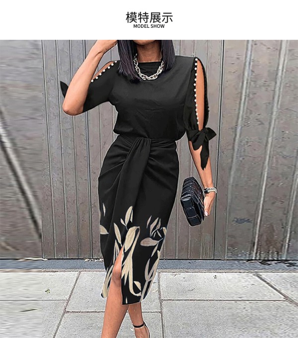Women's high waisted printed three quarter sleeve slim fitting sexy dress