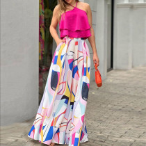 Ruffle edge sleeveless top loose pants set