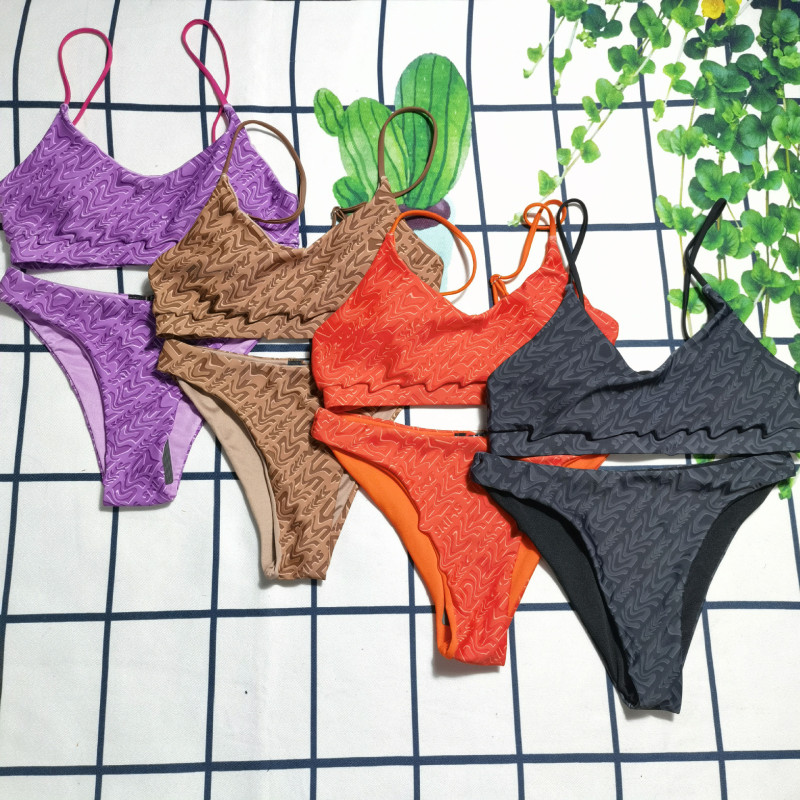 Split body solid color suspender style F letter printed sexy women's swimwear