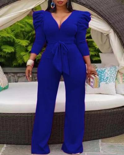 V-neck long pants jumpsuit straight leg wide leg pants with waistband