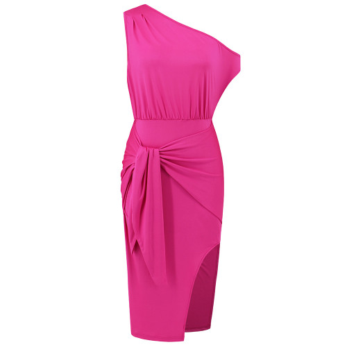 Sexy diagonal shoulder strap wrapped hip dress