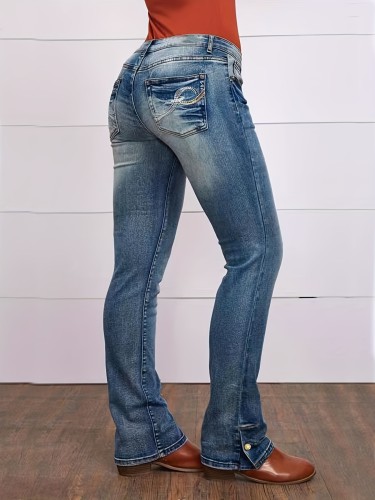 Elastic slim fit straight leg denim pants, women's embroidered jeans
