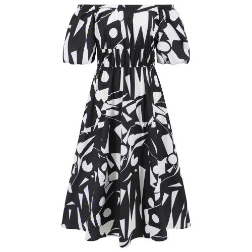 One line neckline bubble sleeve printed skirt, casual fashion, large swing, temperament dress