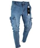 Elastic men's jeans with torn knees and zippered small leg pants