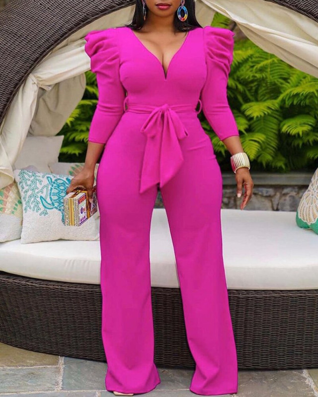 V-neck long pants jumpsuit straight leg wide leg pants with waistband