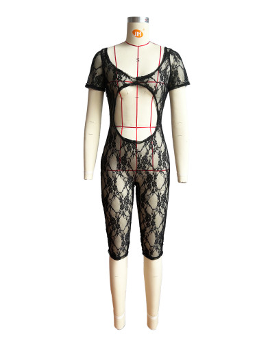Sexy lace large U-neck open navel jumpsuit
