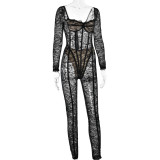 Low cut jumpsuit women's sexy perspective pants