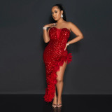Sexy strapless high slit sequin solid color dress