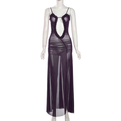 Hanging strap wooden ear edge printed loose navel exposed dress