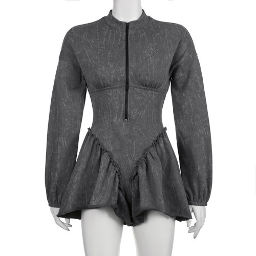 Waistband jumpsuit with half zipper splicing, washed A-line pleated jumpsuit