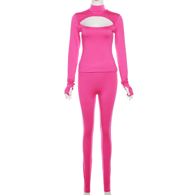 Hollow slim fit long sleeved top with high waist, tight fitting casual pants set