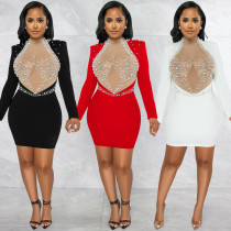 Hot Diamond Mesh Perspective Bubble Bead Backless Long sleeved Middle Skirt Dress