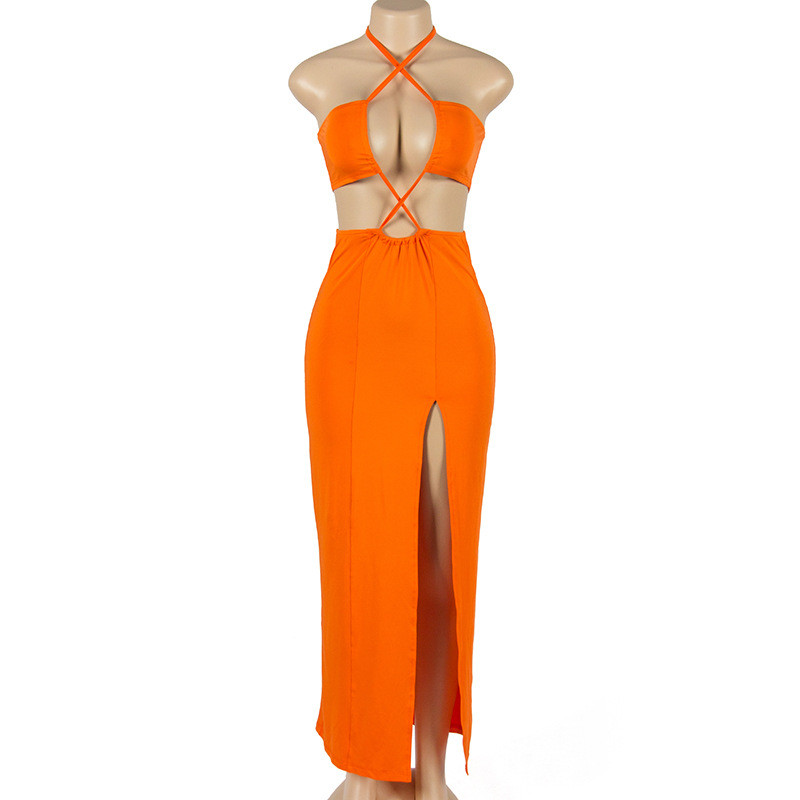 Solid color sleeveless neck tie with hollowed out high waisted dress