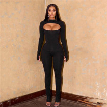 Hollow slim fit long sleeved top with high waist, tight fitting casual pants set