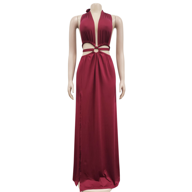 Women's solid color backless V-neck sleeveless long dress dress