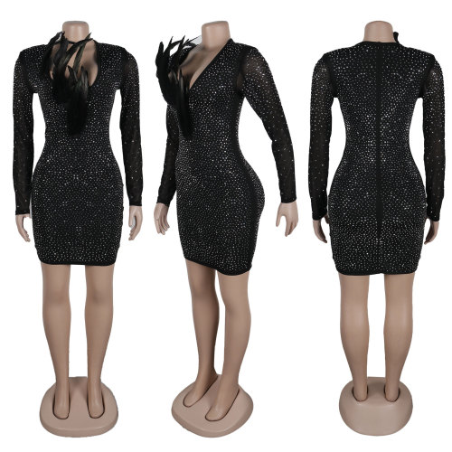 Hot Diamond Perspective Mesh Spliced V-neck Feather Elastic Slim Fit Dress