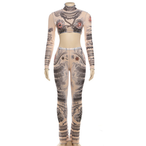 Mesh print exposed navel slim fit top, high waisted casual pants set