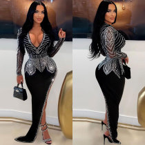 Hip wrap slanted edge hot diamond elastic slim fit V-neck dress