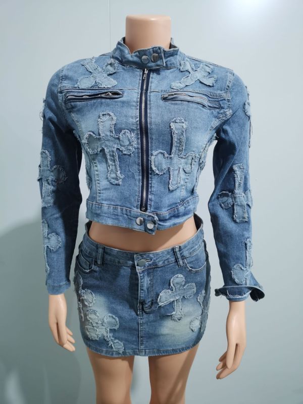 2 piece set of fashionable patch denim short skirt for denim suit