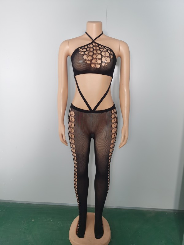 Perspective sleeveless mesh tight jumpsuit (without gloves)