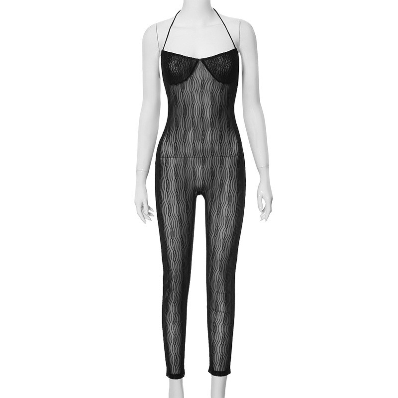 Sexy,Mesh,Perspective,Sleeveless,Hanging,Neck,Slim,Fit,jumpsuit