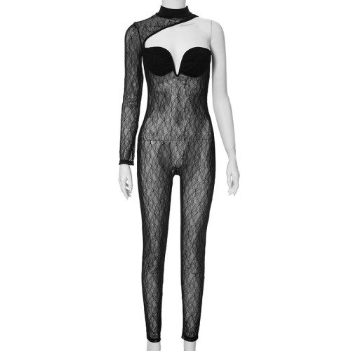 Sexy,Perspective,V-neck,Hollow,Single,Shoulder,Sleeve,Lace,jumpsuit