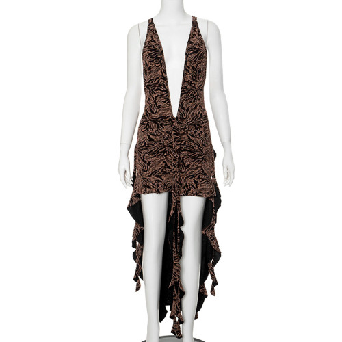 Spliced,Deep,V-neck,Sleeveless,Hanging,Neck,Open,Back,Wave,Edge,Dress