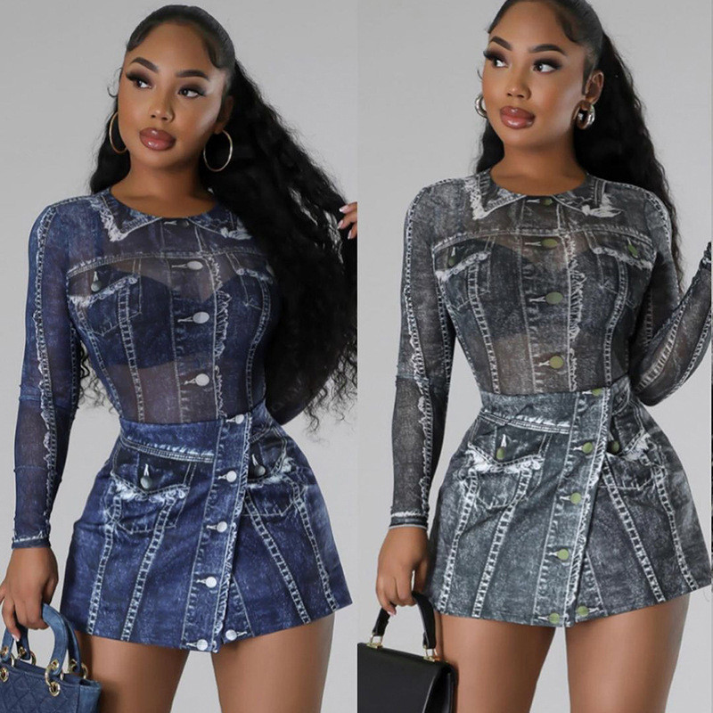 Two,piece,set,of,imitation,denim,printed,mesh,jumpsuit,,half,skirt