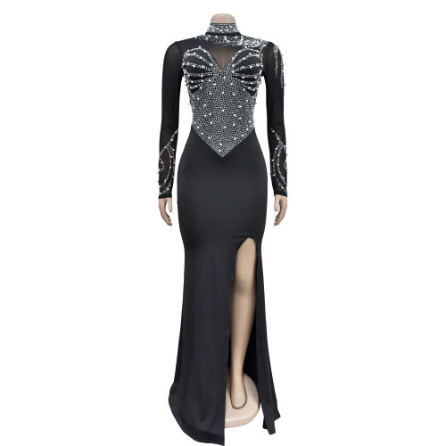 Women's solid color mesh hot diamond split long skirt dress