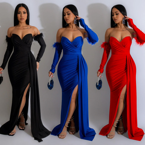 Women's solid color pleated backless slit long dress
