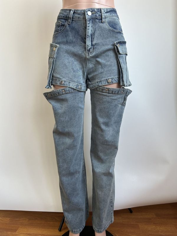 Detachable hanging bag and elastic denim pants with multiple shorts and pants