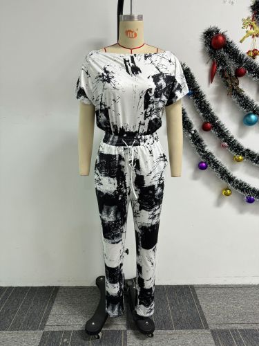 Printed short sleeved one shoulder elastic elastic slim fit jumpsuit