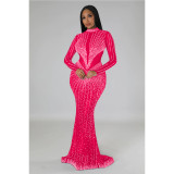 Shang Women's Solid Color Mesh Hot Diamond Long sleeved Dress