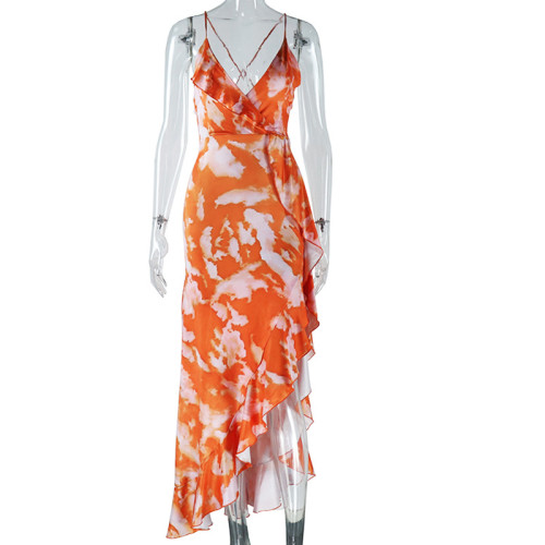 Printed sexy deep V-neck strap backless irregular hem dress
