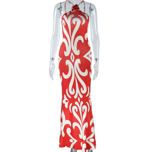 Feeling Sleeveless Hanging Neck 3D Flower Decoration Wrapped Hip Dress