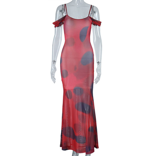 Printed dress with sleeveless backpack and hip skirt