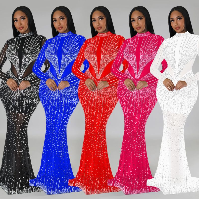 Shang Women's Solid Color Mesh Hot Diamond Long sleeved Dress