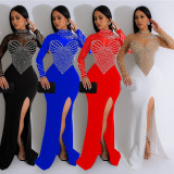 Women's solid color mesh hot diamond split long skirt dress